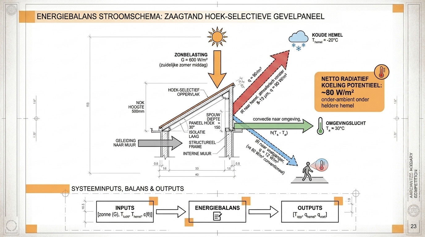 Energy-balance flow diagram of a sawtooth radiative cooling panel