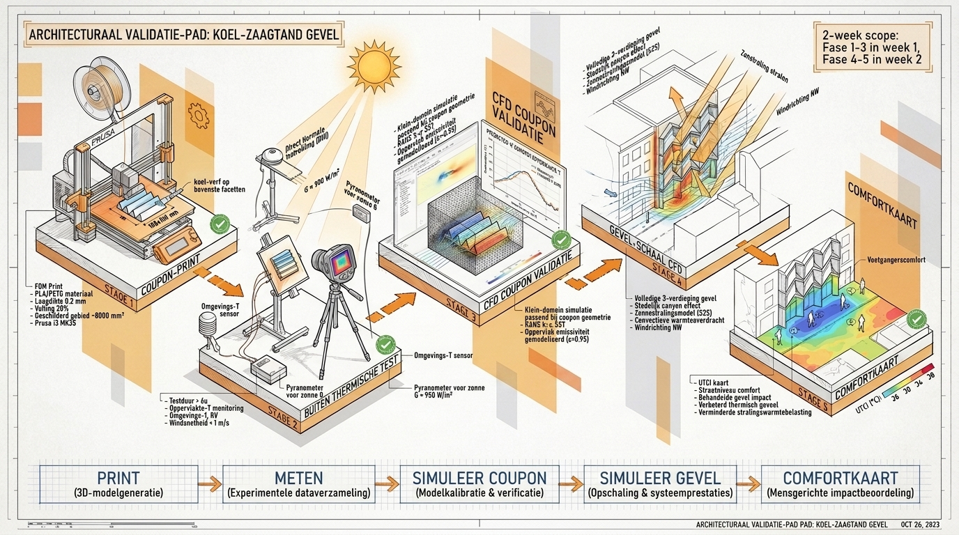 Five-stage validation pipeline: coupon print, outdoor thermal test, CFD coupon, CFD facade, comfort map